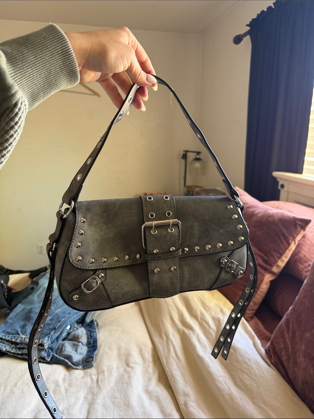 Studded Buckle Shoulder Bag in Dark Gray
